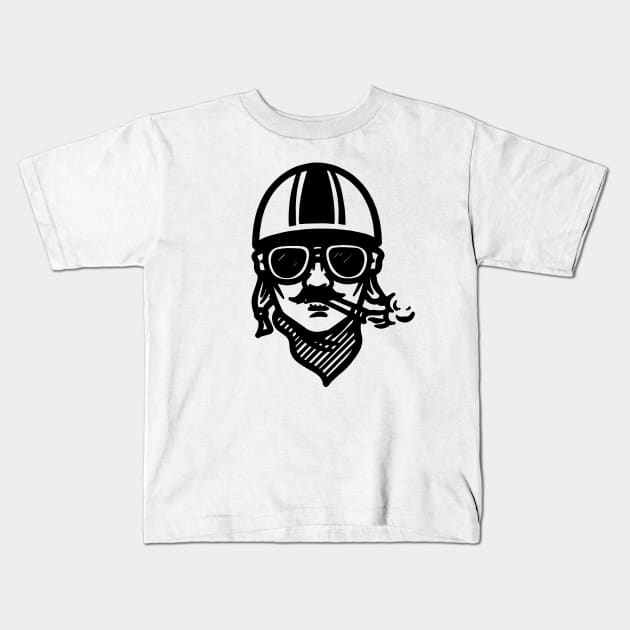 Smoking moustachioed motorcyclist Kids T-Shirt by retropetrol